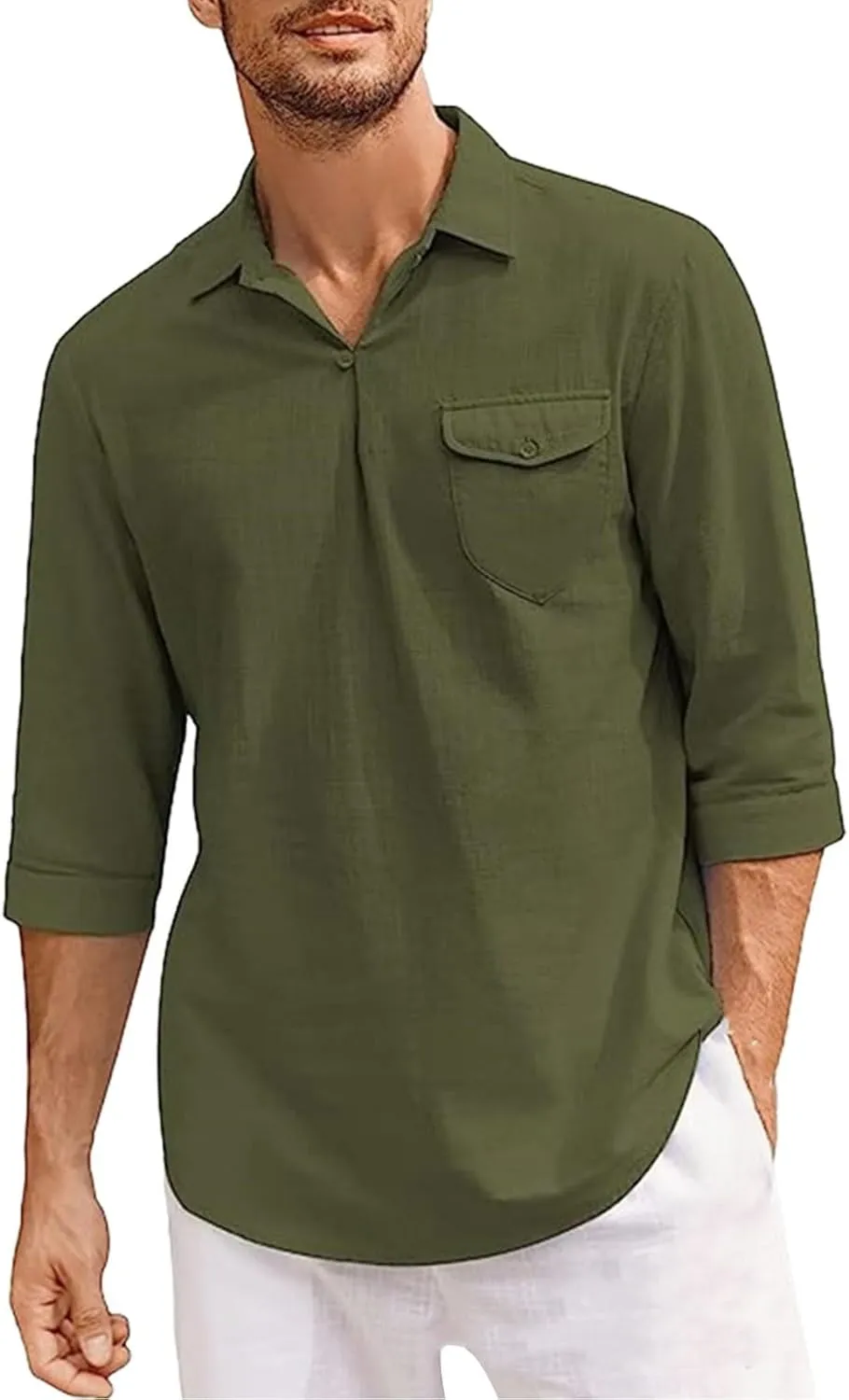Cotton Linen Shirts for Men Button V Neck Lightweight Casual 3/4 Sleeve Henley Beach Hawaiian Tops with Pocket