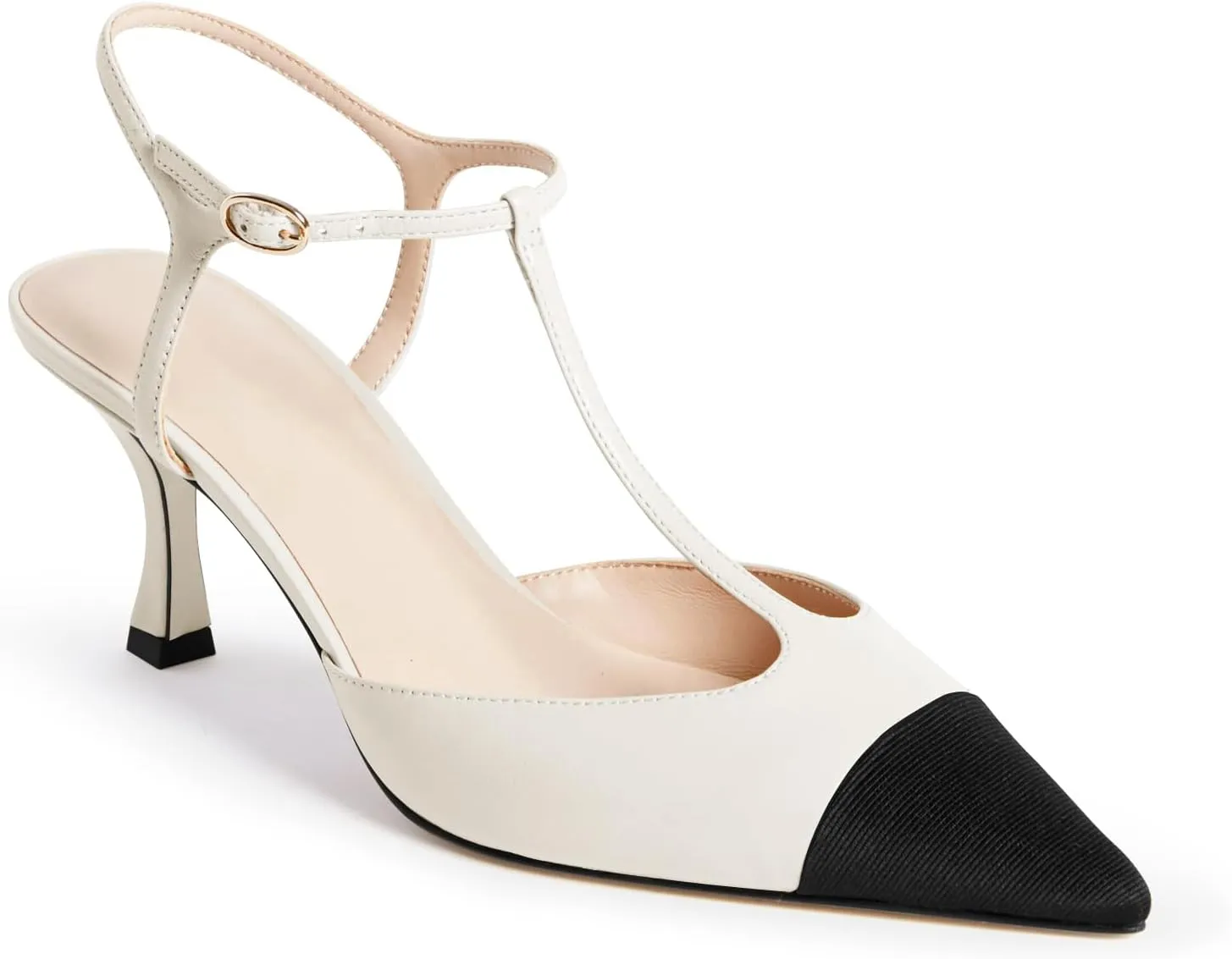 Coutgo Womens Kitten Heels Slingback Pumps Closed Pointed Toe Two Tone Ankle T Strap Office Dress Shoes