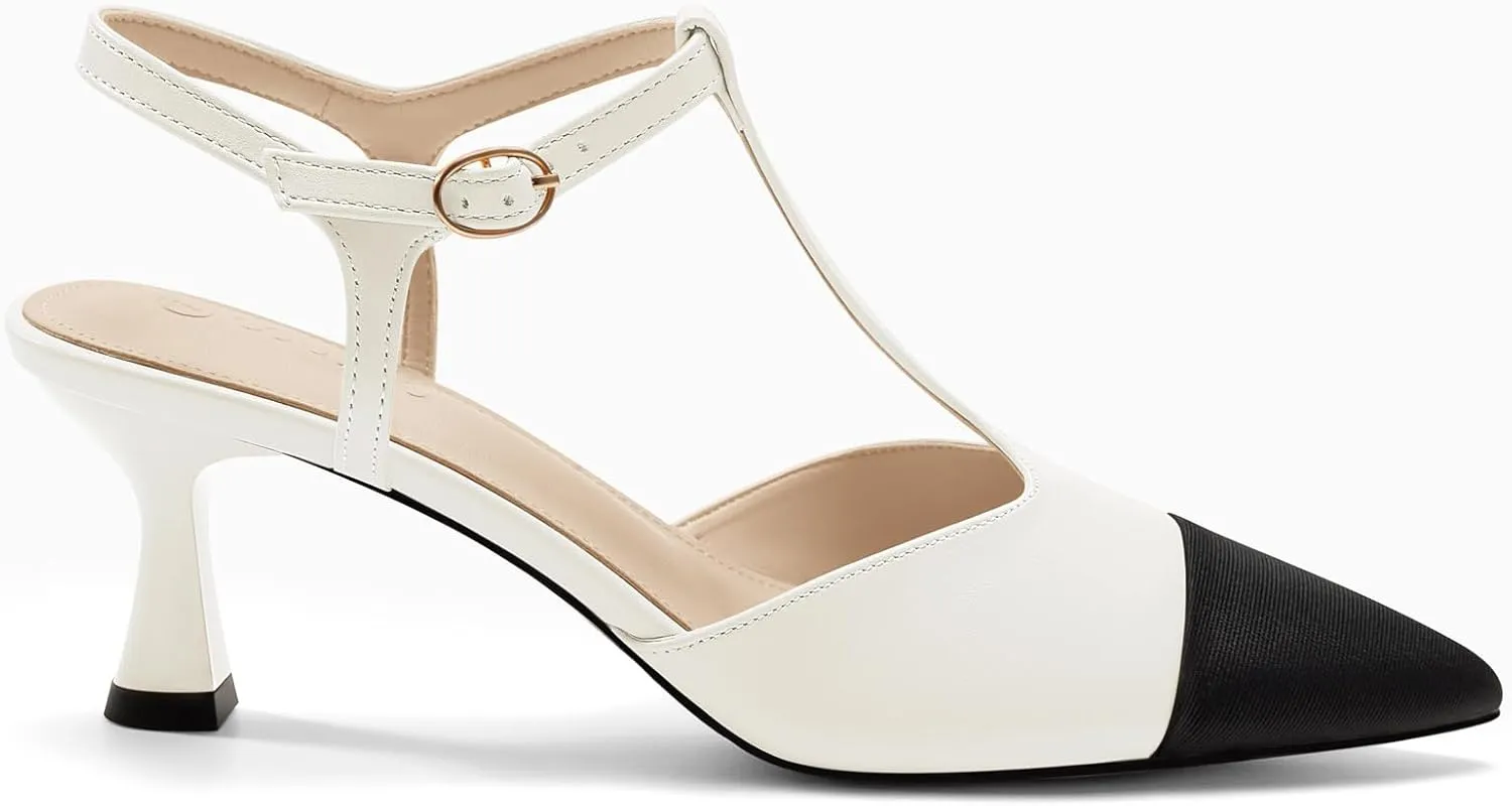 Coutgo Womens Kitten Heels Slingback Pumps Closed Pointed Toe Two Tone Ankle T Strap Office Dress Shoes