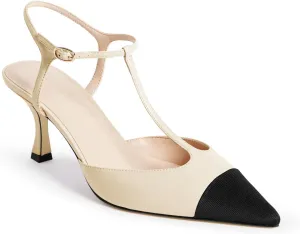 Coutgo Womens Kitten Heels Slingback Pumps Closed Pointed Toe Two Tone Ankle T Strap Office Dress Shoes