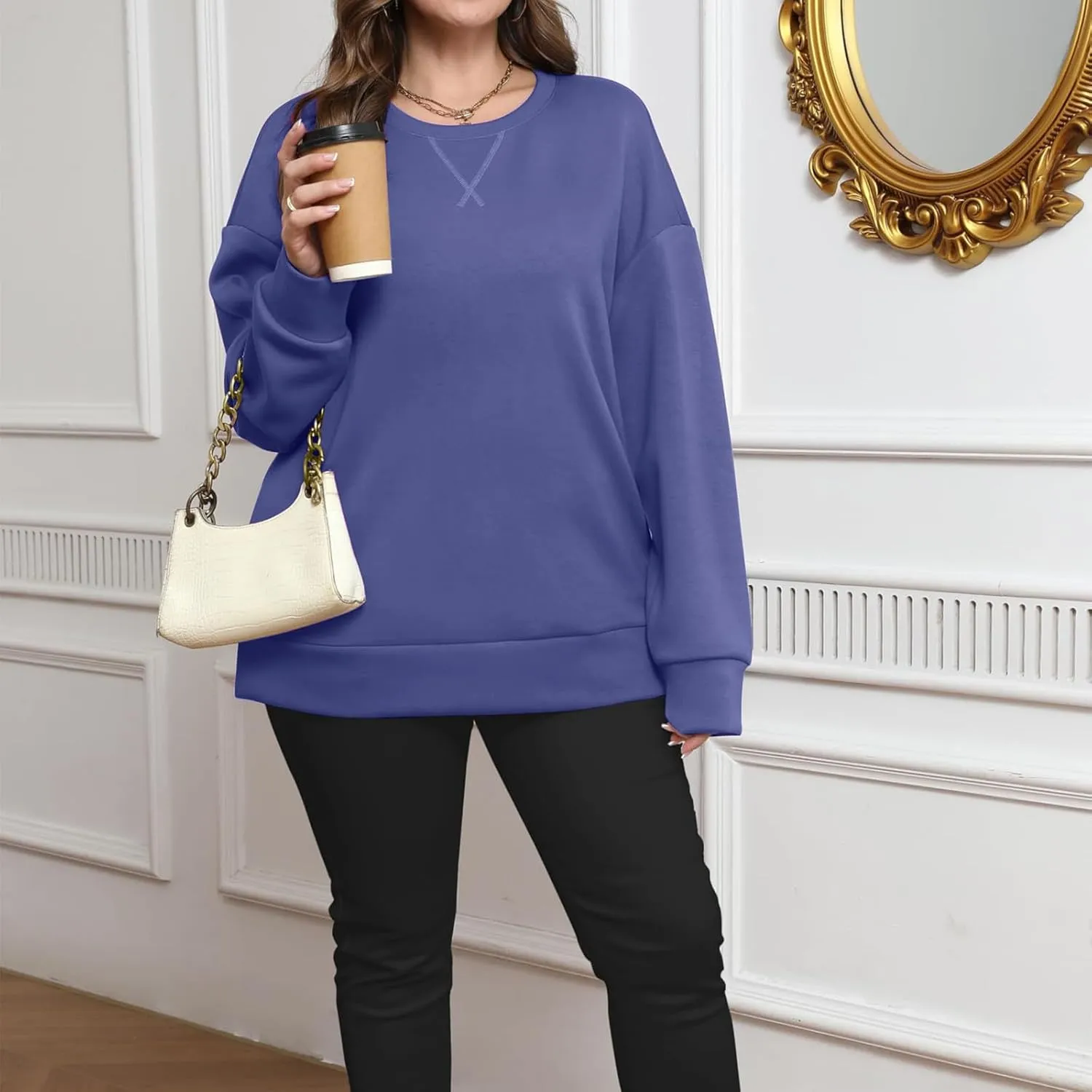 Crewneck Sweatshirts for Women Trendy 2024 Solid Color Pullover Tops Long Sleeve Sweatshirt Tunic Fall Winter Clothes