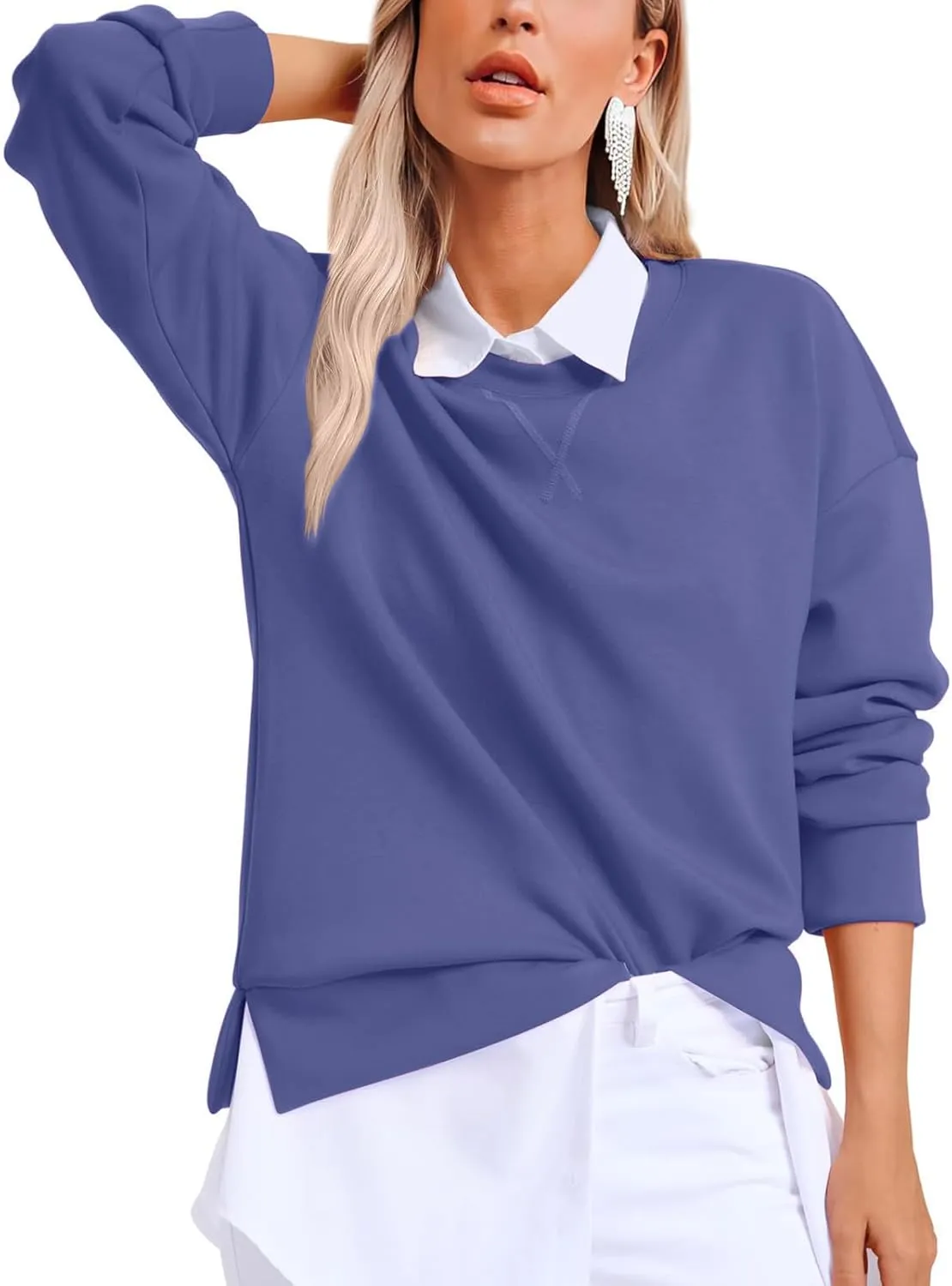 Crewneck Sweatshirts for Women Trendy 2024 Solid Color Pullover Tops Long Sleeve Sweatshirt Tunic Fall Winter Clothes