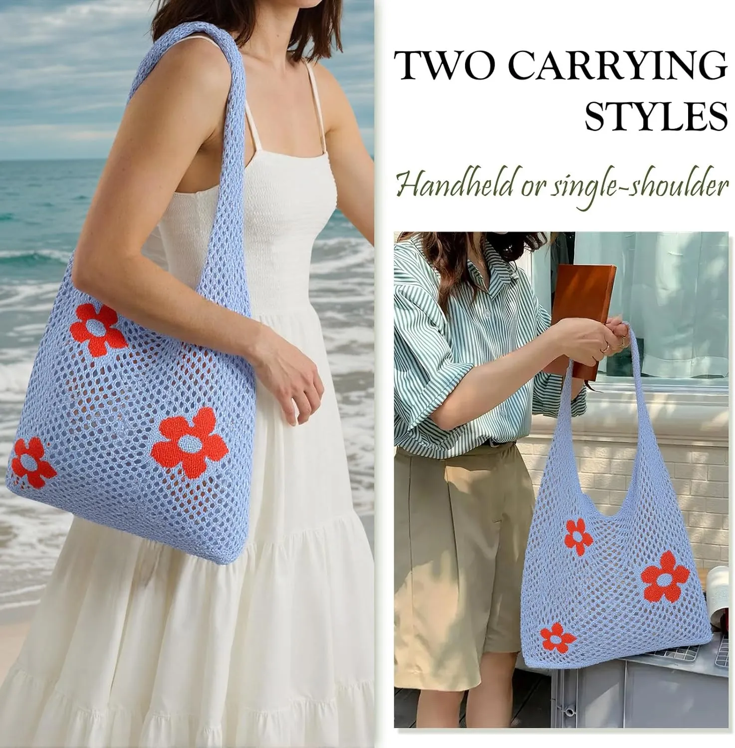 Crochet Beach Bag Hobo Tote for Women Summer Vacation Shoulder Bag Soft Woven Purses for Shopping Travel Y2k Mesh Bags