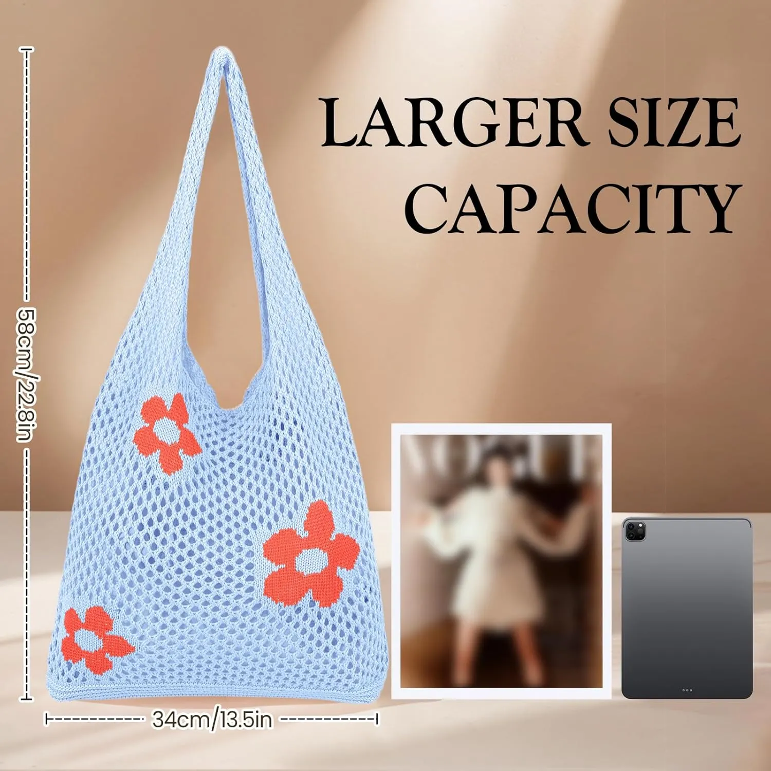 Crochet Beach Bag Hobo Tote for Women Summer Vacation Shoulder Bag Soft Woven Purses for Shopping Travel Y2k Mesh Bags