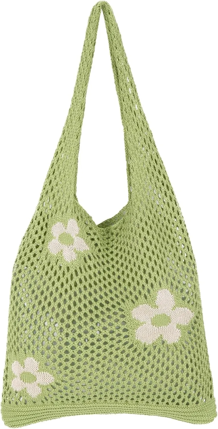Crochet Beach Bag Hobo Tote for Women Summer Vacation Shoulder Bag Soft Woven Purses for Shopping Travel Y2k Mesh Bags