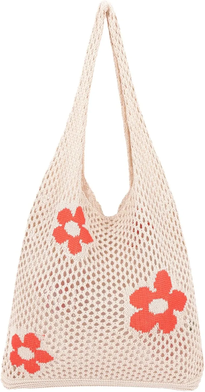 Crochet Beach Bag Hobo Tote for Women Summer Vacation Shoulder Bag Soft Woven Purses for Shopping Travel Y2k Mesh Bags