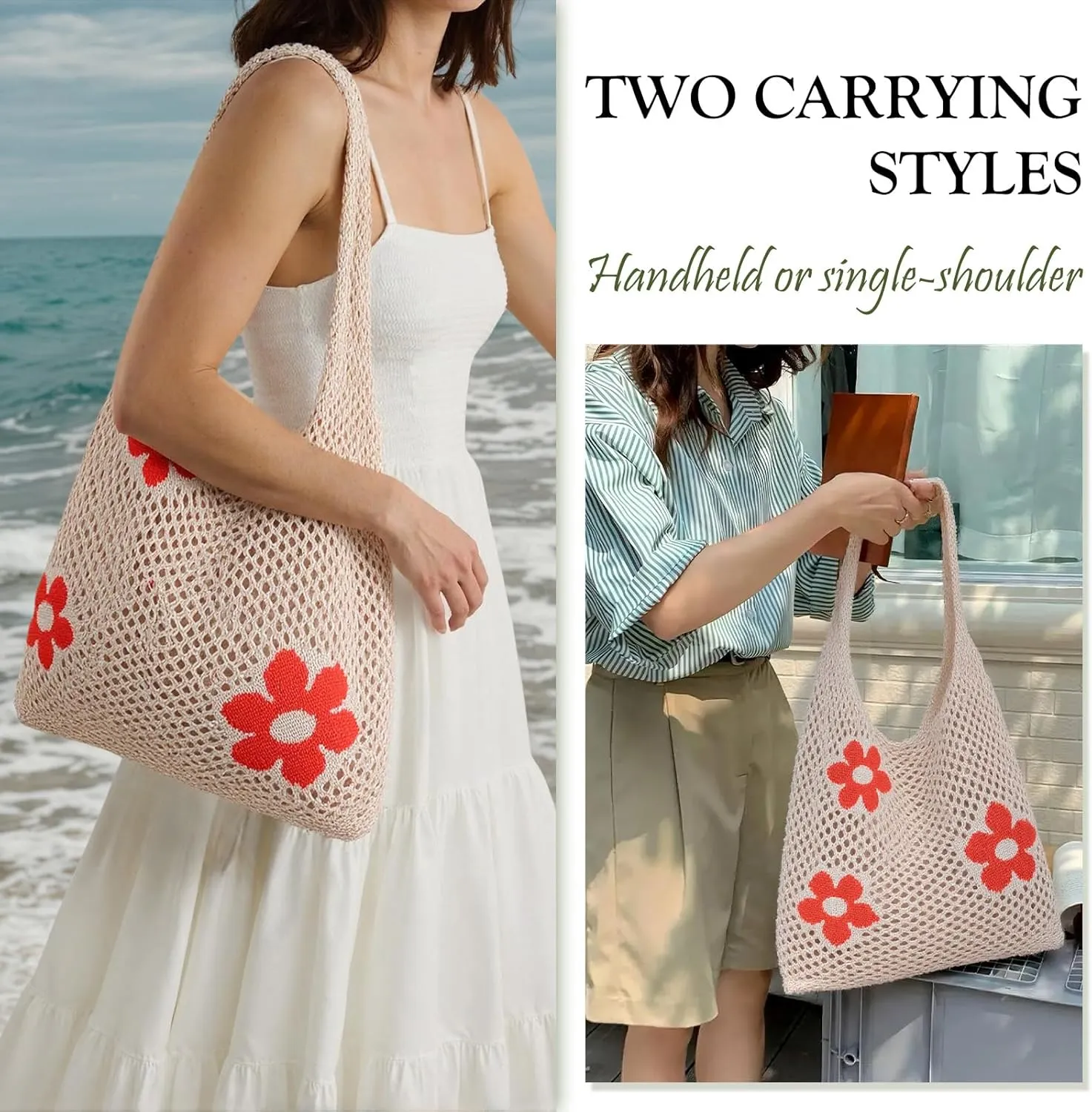 Crochet Beach Bag Hobo Tote for Women Summer Vacation Shoulder Bag Soft Woven Purses for Shopping Travel Y2k Mesh Bags