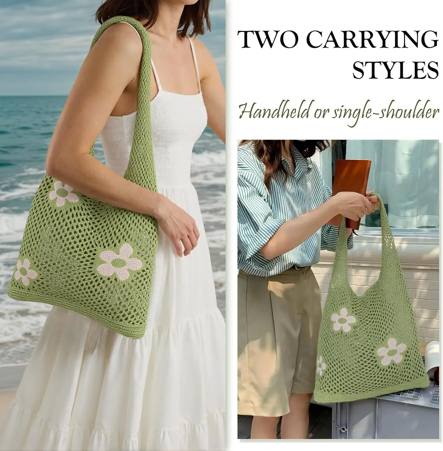 Crochet Beach Bag Hobo Tote for Women Summer Vacation Shoulder Bag Soft Woven Purses for Shopping Travel Y2k Mesh Bags