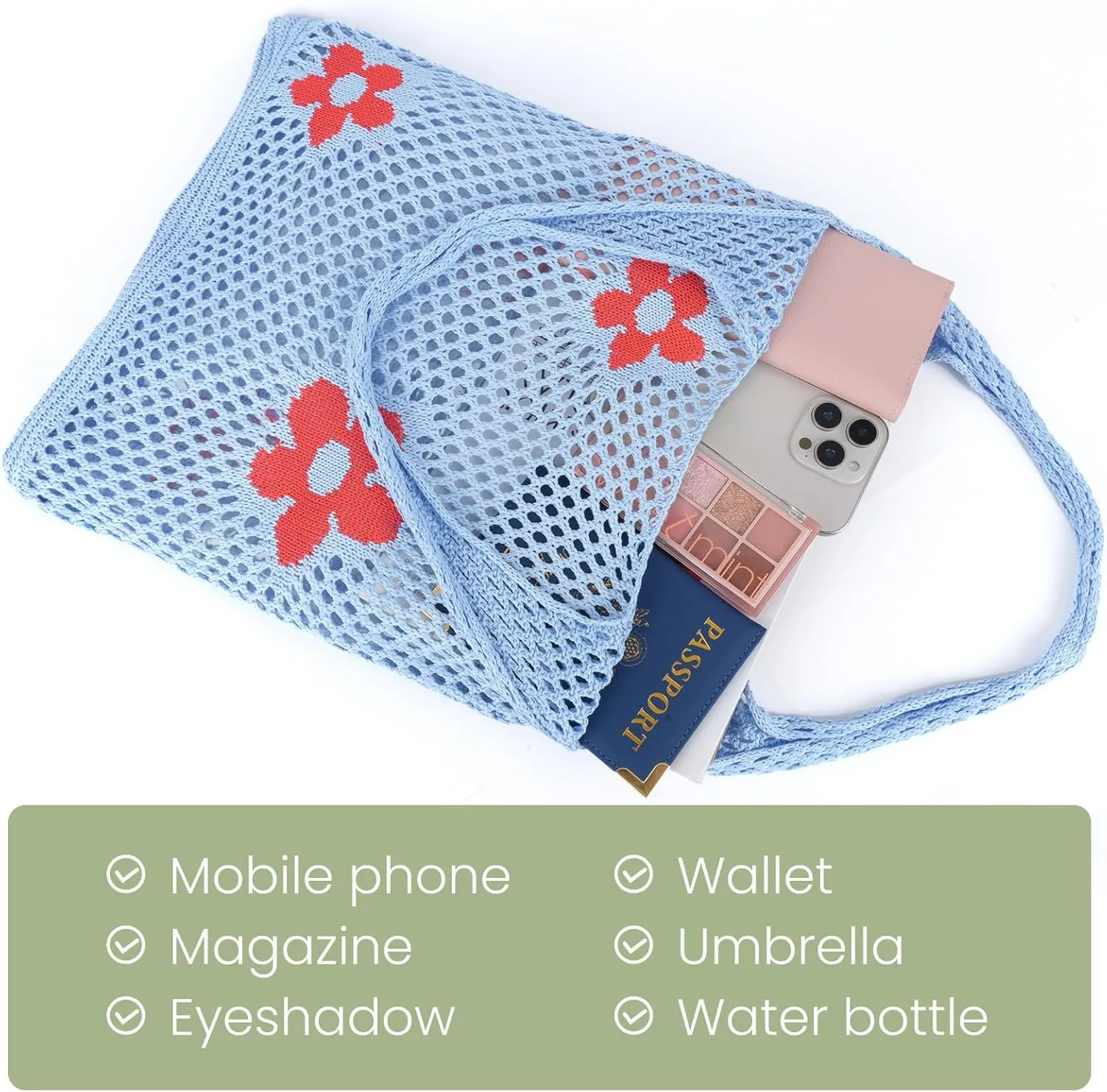 Crochet Beach Bag Hobo Tote for Women Summer Vacation Shoulder Bag Soft Woven Purses for Shopping Travel Y2k Mesh Bags