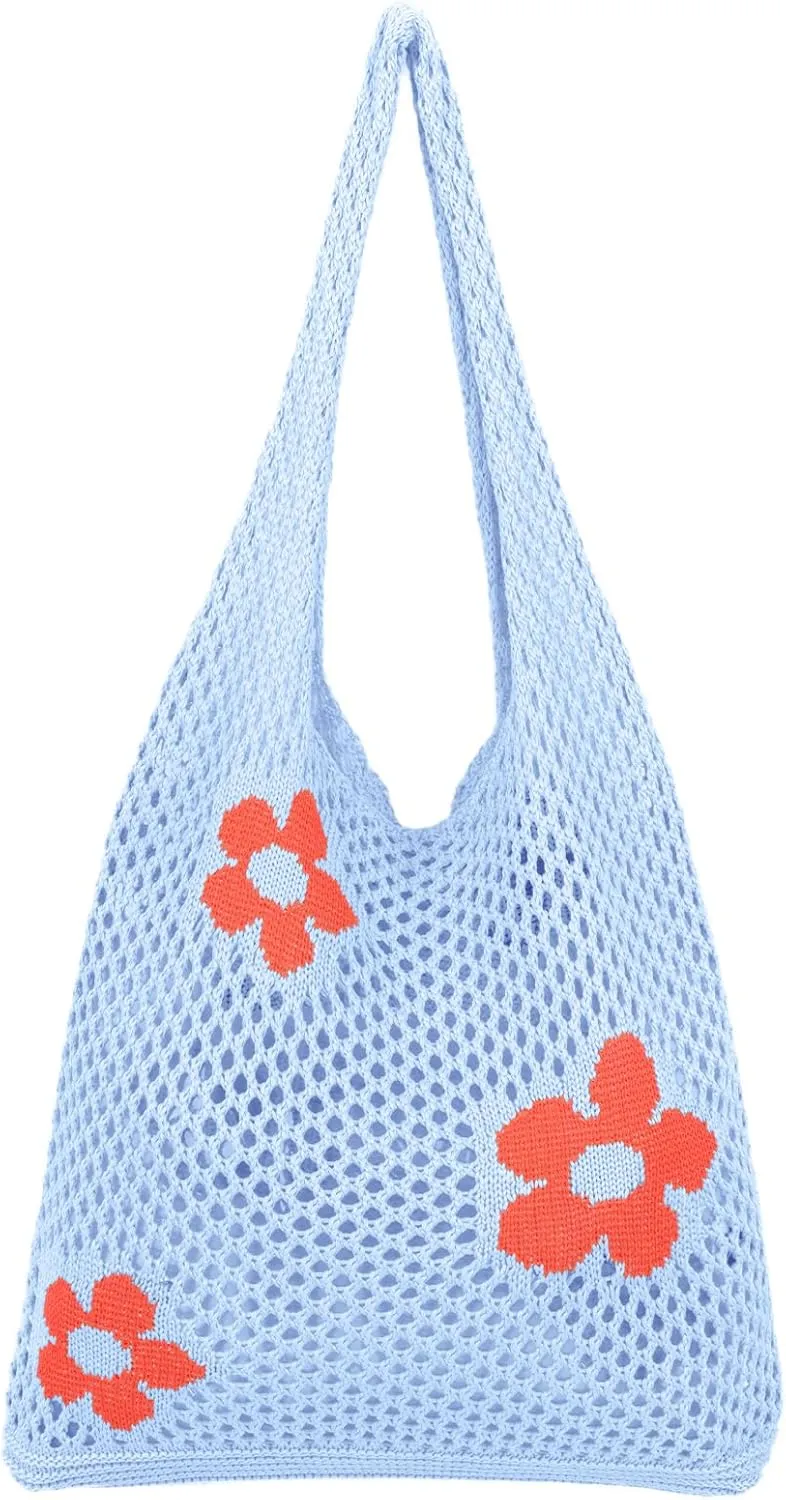 Crochet Beach Bag Hobo Tote for Women Summer Vacation Shoulder Bag Soft Woven Purses for Shopping Travel Y2k Mesh Bags