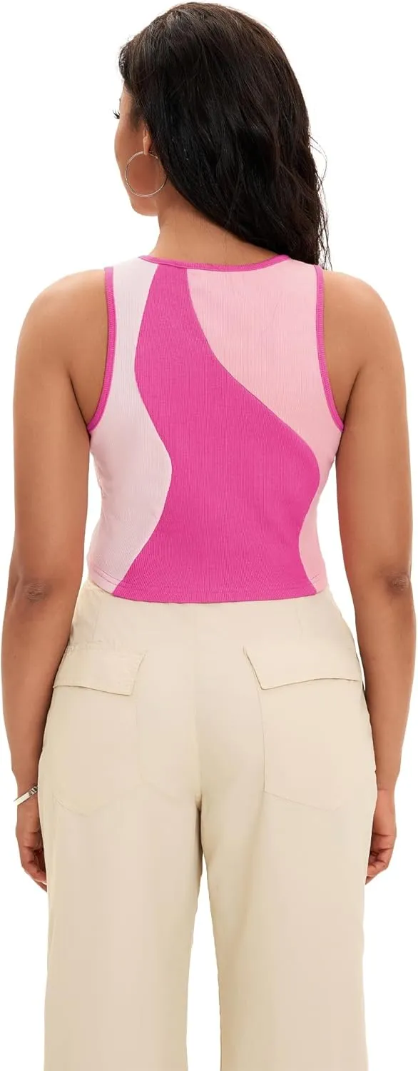 Cropped Tank Tops for Women Summer Color Block Ribbed Sleeveless Tops Basic Casual Going Out Tops