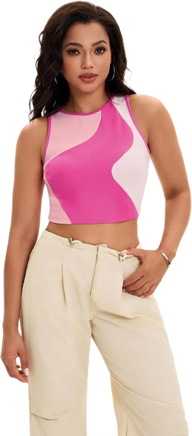 Cropped Tank Tops for Women Summer Color Block Ribbed Sleeveless Tops Basic Casual Going Out Tops