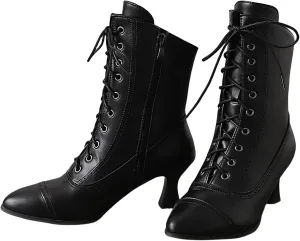Crzidha Vintage Lace Up Ankle Boots,Side Zipper High Heel Almond Toe Boots Waterproof Leather Long Strappy Classic 70S Knight Boots Fashion Wedding Party Formal Banquet Dress Pumps