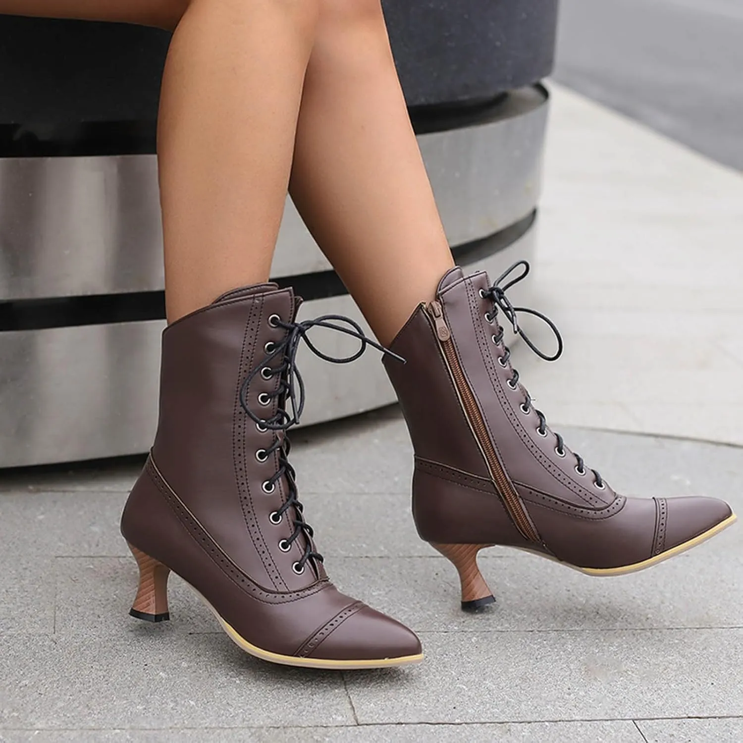 Crzidha Vintage Lace Up Ankle Boots,Side Zipper High Heel Almond Toe Boots Waterproof Leather Long Strappy Classic 70S Knight Boots Fashion Wedding Party Formal Banquet Dress Pumps