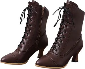 Crzidha Vintage Lace Up Ankle Boots,Side Zipper High Heel Almond Toe Boots Waterproof Leather Long Strappy Classic 70S Knight Boots Fashion Wedding Party Formal Banquet Dress Pumps