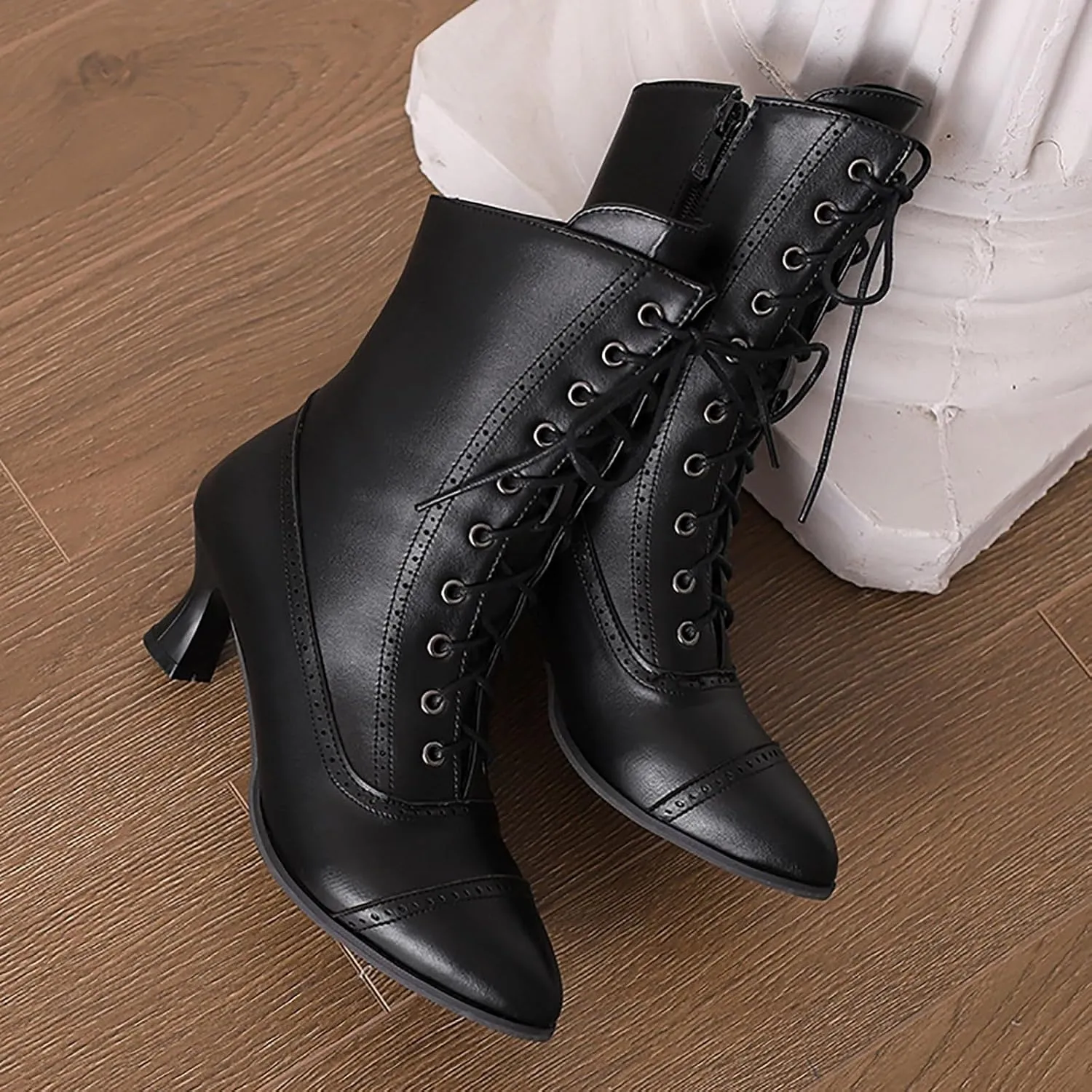 Crzidha Vintage Lace Up Ankle Boots,Side Zipper High Heel Almond Toe Boots Waterproof Leather Long Strappy Classic 70S Knight Boots Fashion Wedding Party Formal Banquet Dress Pumps