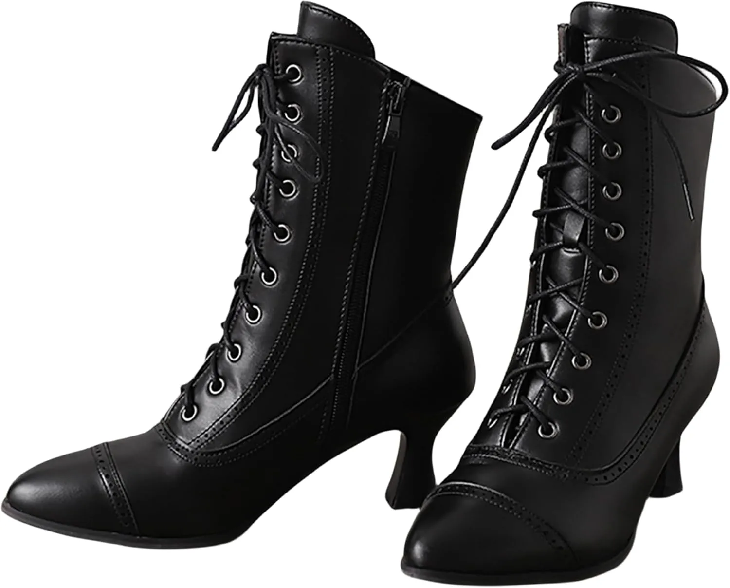 Crzidha Vintage Lace Up Ankle Boots,Side Zipper High Heel Almond Toe Boots Waterproof Leather Long Strappy Classic 70S Knight Boots Fashion Wedding Party Formal Banquet Dress Pumps