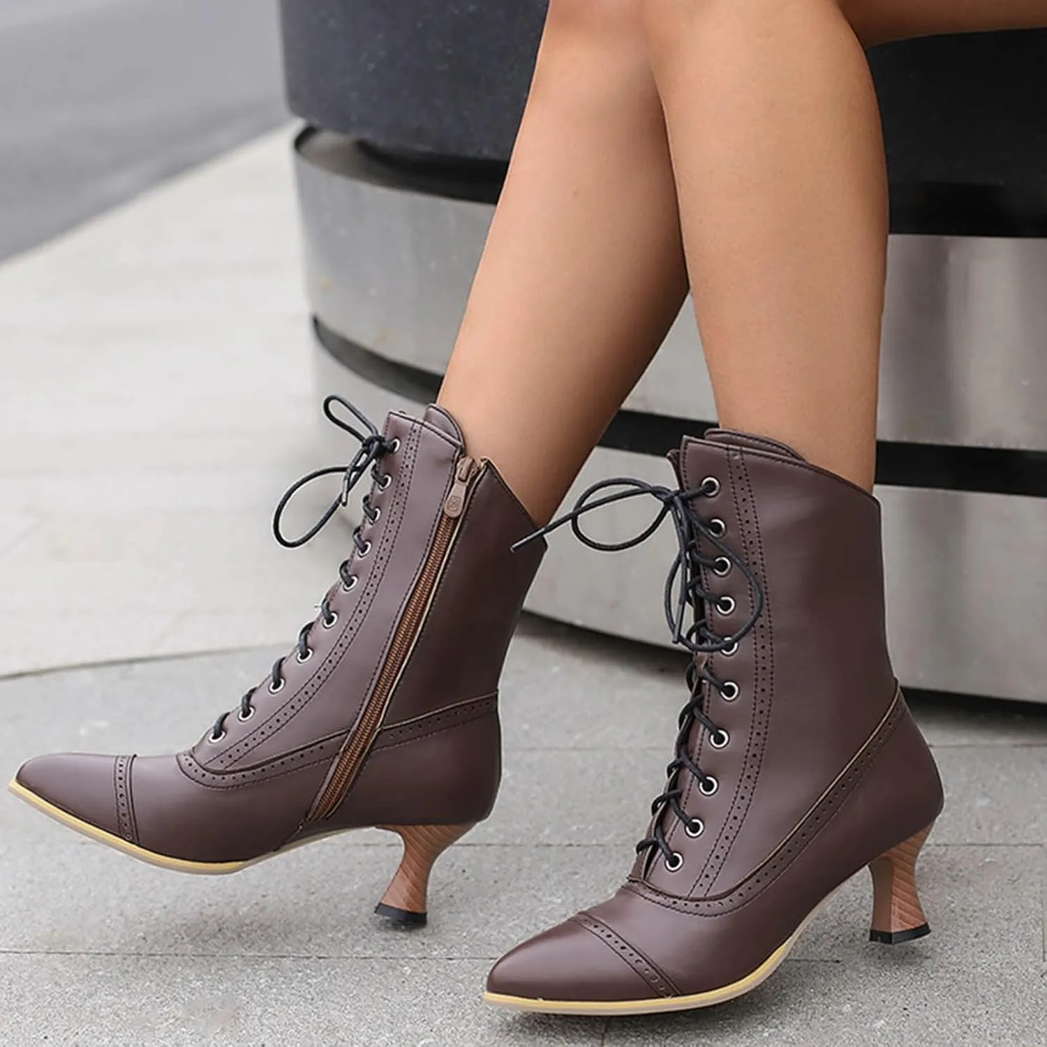 Crzidha Vintage Lace Up Ankle Boots,Side Zipper High Heel Almond Toe Boots Waterproof Leather Long Strappy Classic 70S Knight Boots Fashion Wedding Party Formal Banquet Dress Pumps