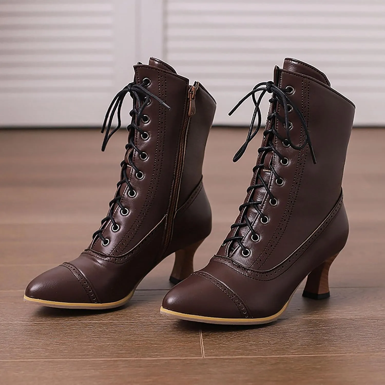 Crzidha Vintage Lace Up Ankle Boots,Side Zipper High Heel Almond Toe Boots Waterproof Leather Long Strappy Classic 70S Knight Boots Fashion Wedding Party Formal Banquet Dress Pumps