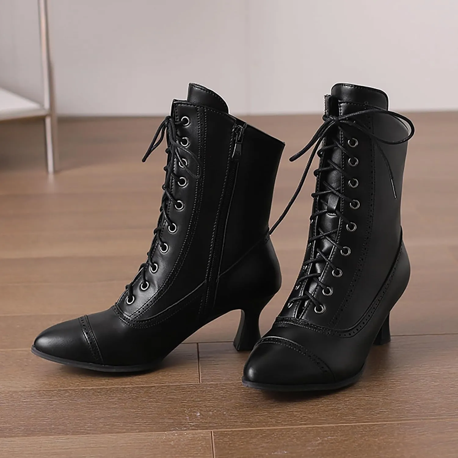 Crzidha Vintage Lace Up Ankle Boots,Side Zipper High Heel Almond Toe Boots Waterproof Leather Long Strappy Classic 70S Knight Boots Fashion Wedding Party Formal Banquet Dress Pumps