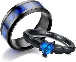 Customized Couple Name Rings Unique Personalized Couples Promise Rings for Him and Her Set Blue and Black Matching CZ Engagement Rings for Couples Emerald Green Wedding Ring Set for Men and Women