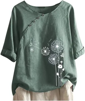 DASAYO Women's Floral Print Cotton Linen Tee Top Button Decor Round Neck Blouse Shirts Loose Fashion Going Out Shirt Tops
