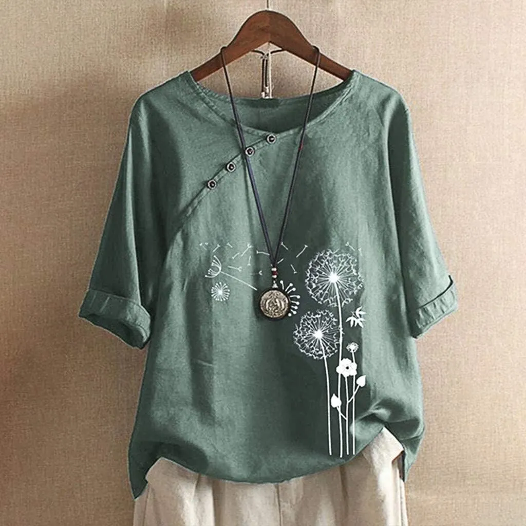 DASAYO Women's Floral Print Cotton Linen Tee Top Button Decor Round Neck Blouse Shirts Loose Fashion Going Out Shirt Tops