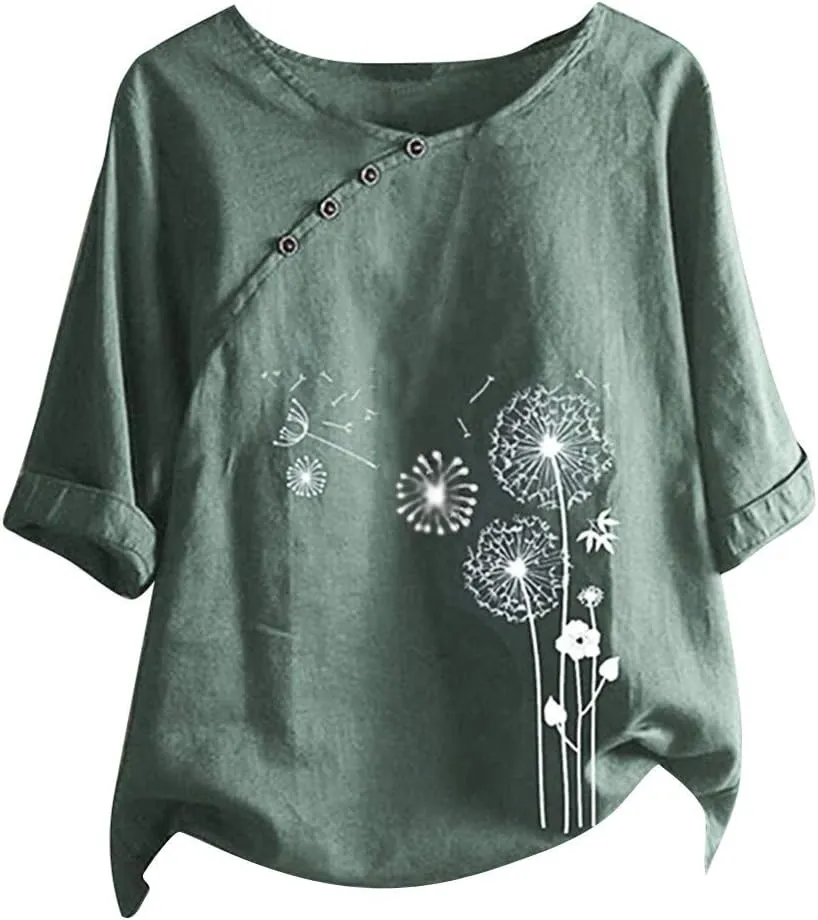DASAYO Women's Floral Print Cotton Linen Tee Top Button Decor Round Neck Blouse Shirts Loose Fashion Going Out Shirt Tops