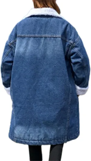 Denim Fleece Long Jacket for Women Long Sleeve Botton Up Plain Plush Trench Coat with Pocket Trendy Fuzzy Autumn Outerwear