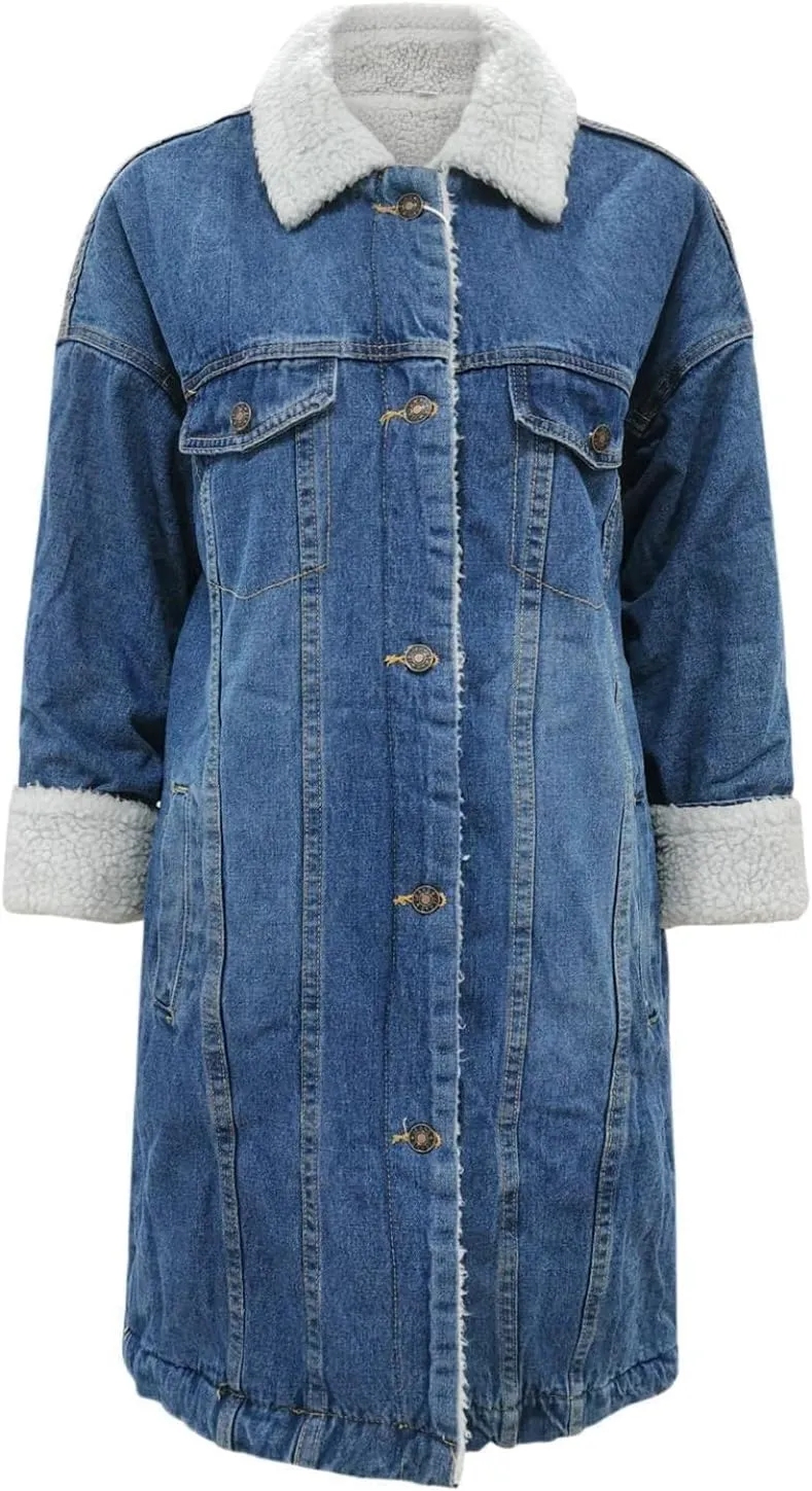 Denim Fleece Long Jacket for Women Long Sleeve Botton Up Plain Plush Trench Coat with Pocket Trendy Fuzzy Autumn Outerwear