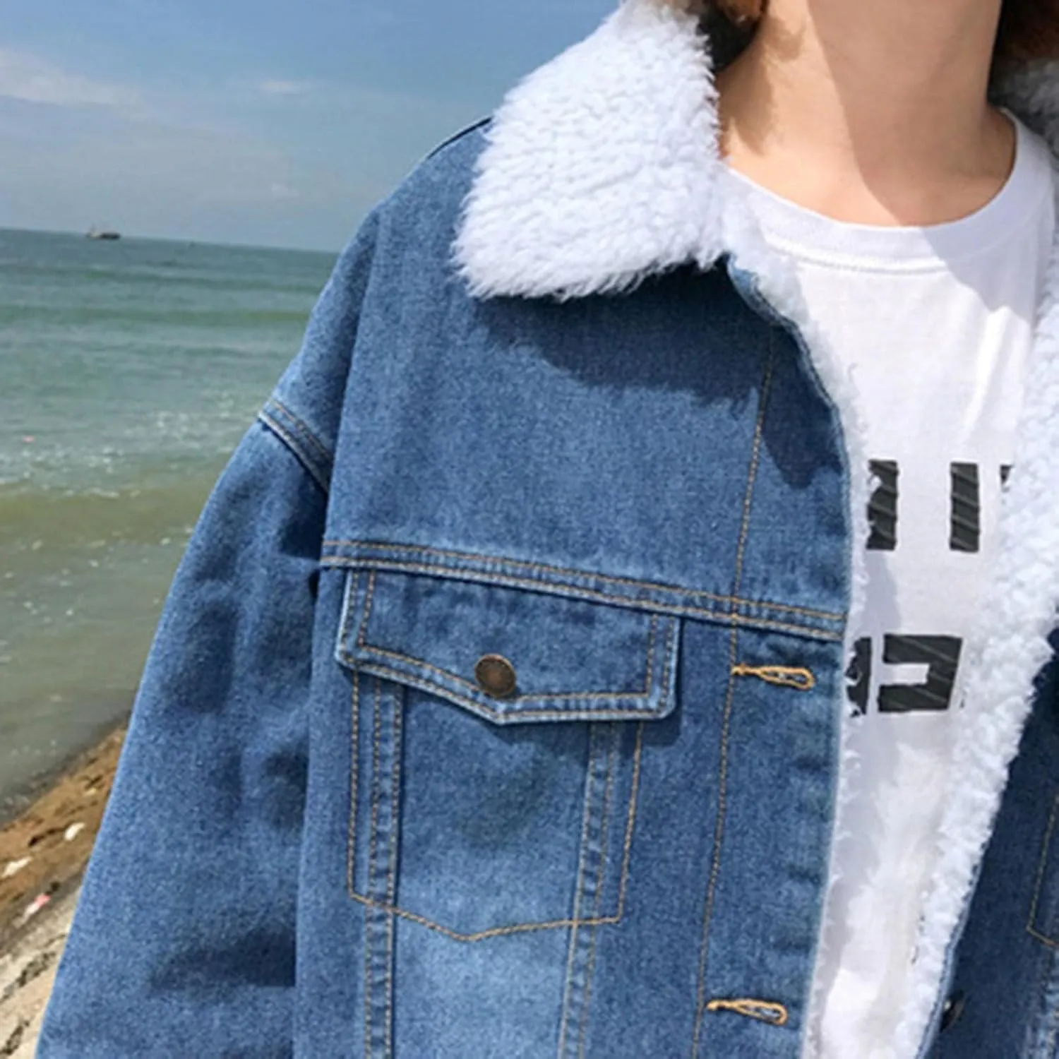 Denim Fleece Long Jacket for Women Long Sleeve Botton Up Plain Plush Trench Coat with Pocket Trendy Fuzzy Autumn Outerwear