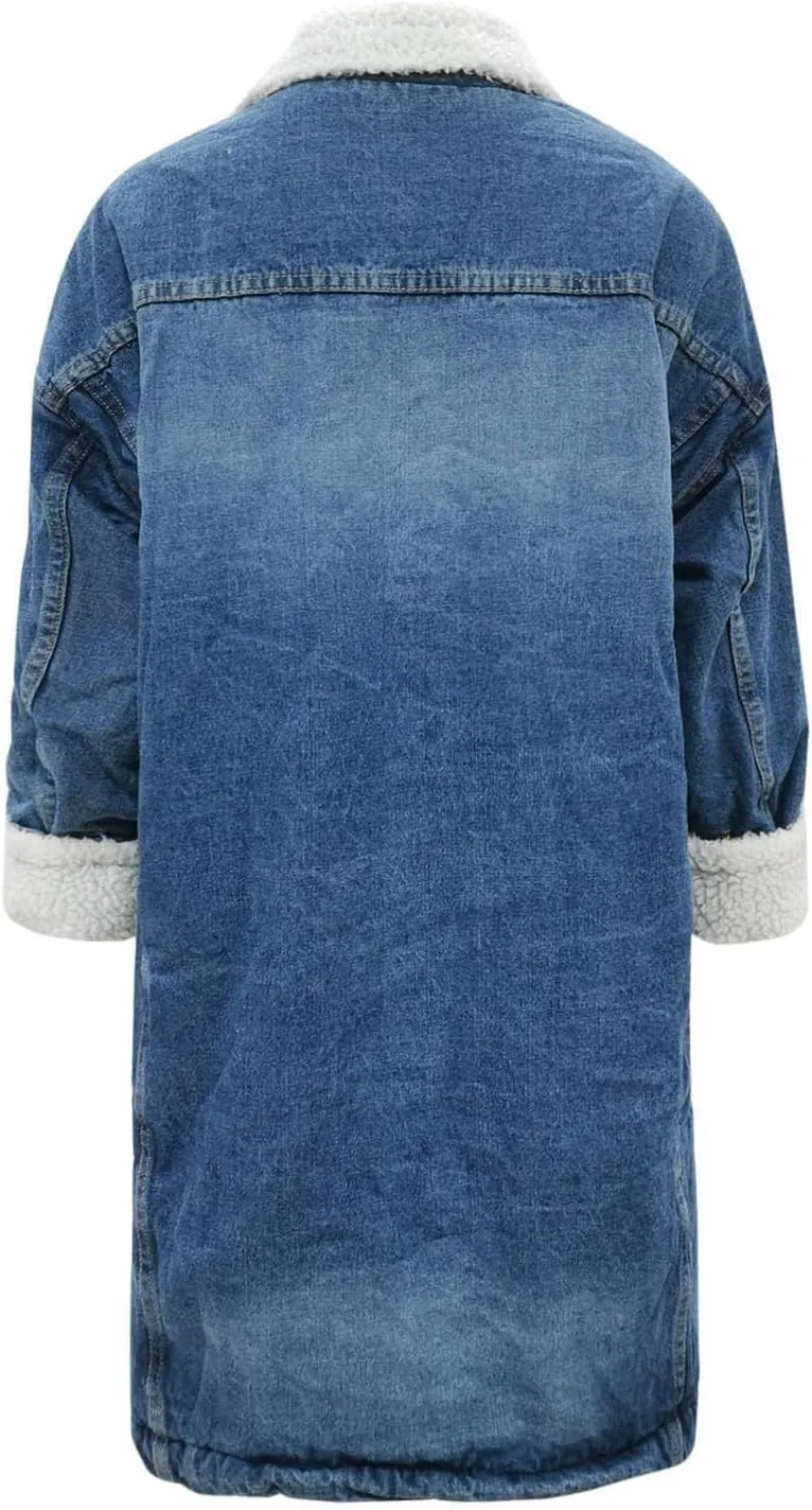 Denim Fleece Long Jacket for Women Long Sleeve Botton Up Plain Plush Trench Coat with Pocket Trendy Fuzzy Autumn Outerwear