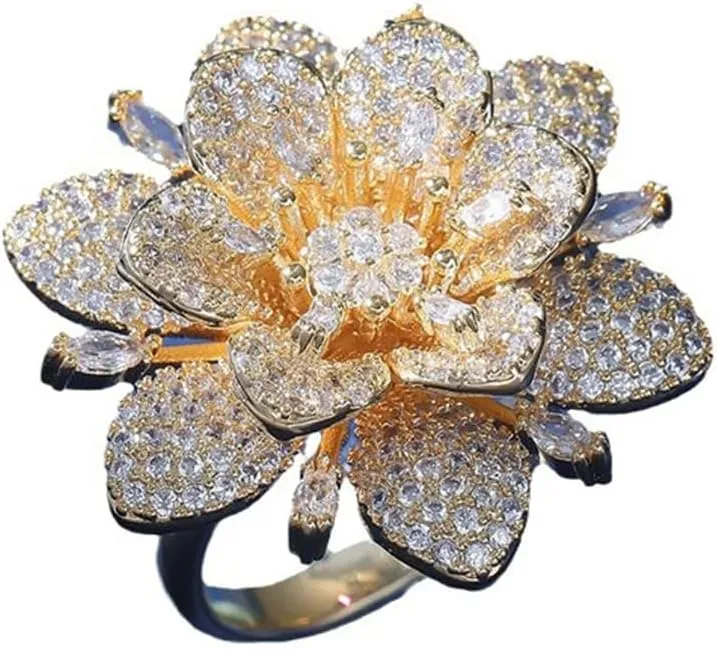 Double Layered Rhinestone Flower Ring for Women Cubic Zirconia Geometry Sunflower Wrap Finger Band Adjustable Open Bands Rings Engagement Jewelry