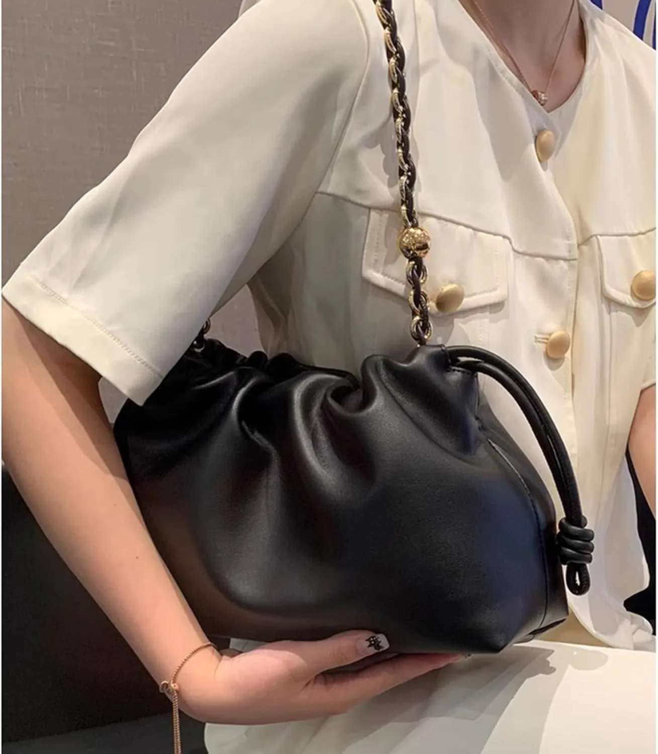 Drawstring Hobo Purse for Women,pleated Vegan Leather crossbody bag, Soft Cloud shoulder bag with chain,handbag