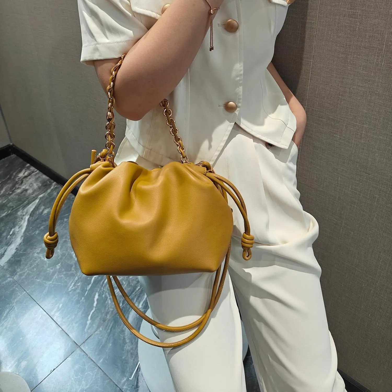 Drawstring Hobo Purse for Women,pleated Vegan Leather crossbody bag, Soft Cloud shoulder bag with chain,handbag