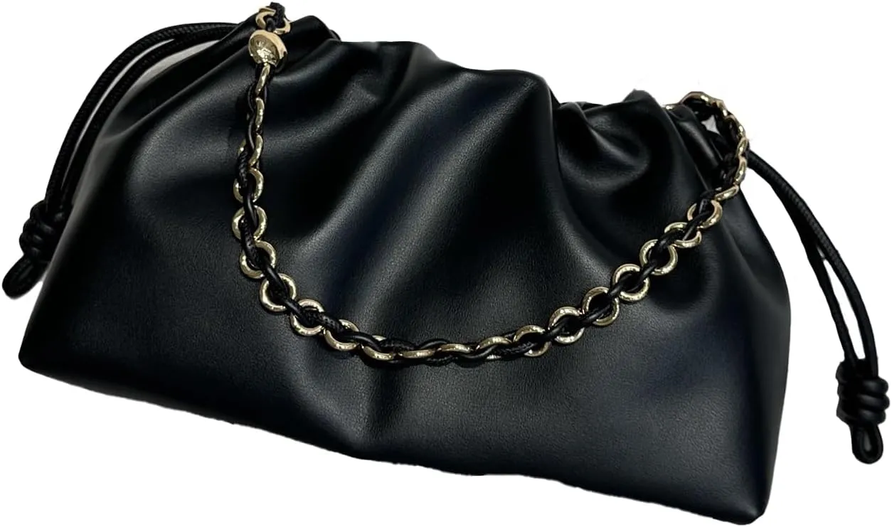 Drawstring Hobo Purse for Women,pleated Vegan Leather crossbody bag, Soft Cloud shoulder bag with chain,handbag
