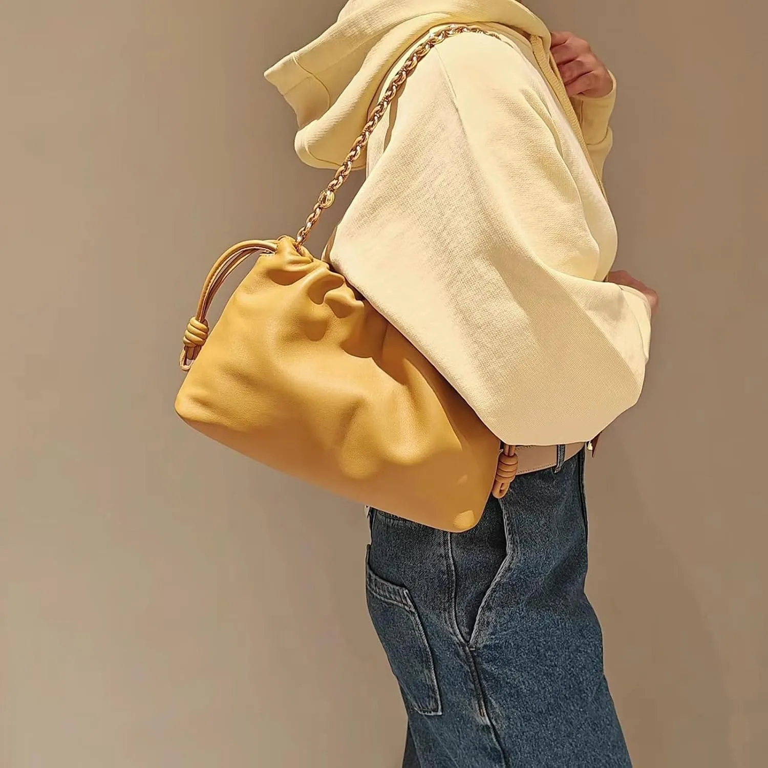 Drawstring Hobo Purse for Women,pleated Vegan Leather crossbody bag, Soft Cloud shoulder bag with chain,handbag