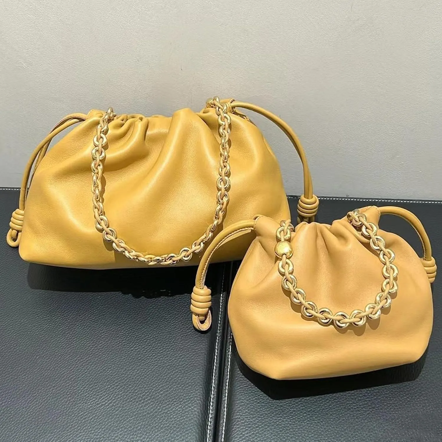 Drawstring Hobo Purse for Women,pleated Vegan Leather crossbody bag, Soft Cloud shoulder bag with chain,handbag