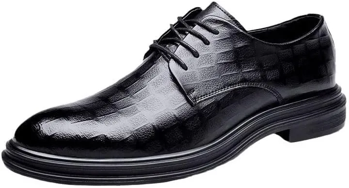Dress Formal Shoes for Men Lace Up Pointed Toe Vegan Leather Plaid Derby Shoes Anti-Slip Slip Resistant Block Heel Non Slip Rubber Sole Business