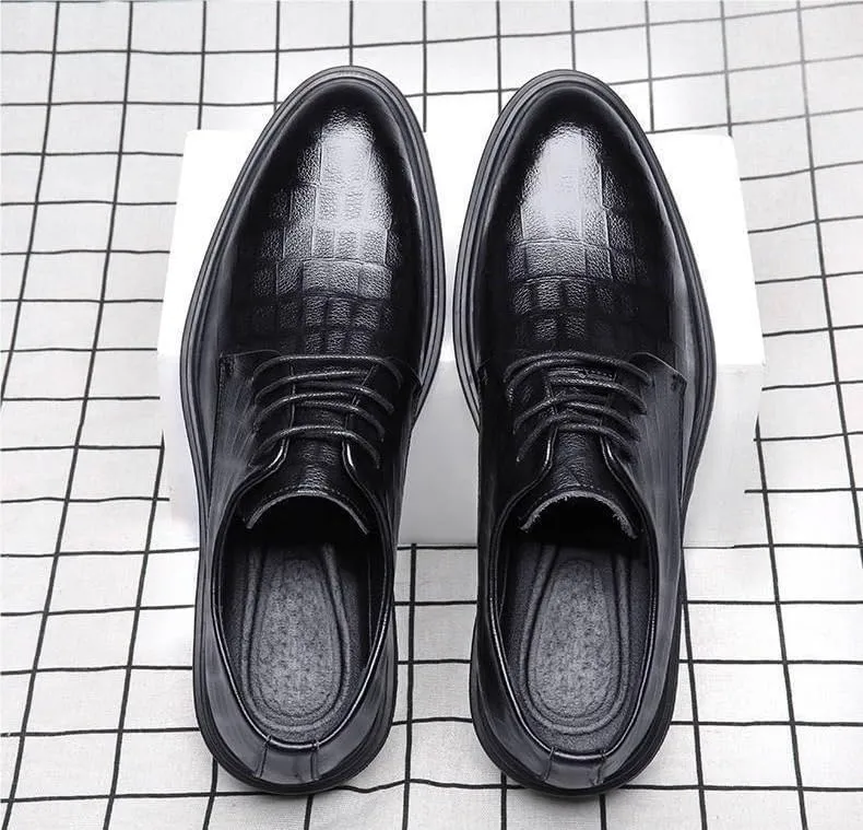 Dress Formal Shoes for Men Lace Up Pointed Toe Vegan Leather Plaid Derby Shoes Anti-Slip Slip Resistant Block Heel Non Slip Rubber Sole Business