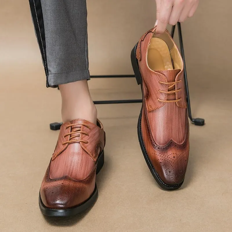 Dress Formal Shoes for Men Lace Up Square Toe Brogue Embossed Wingtips Derby Shoes Vegan Leather Non Slip Anti-Slip Rubber Sole Wedding