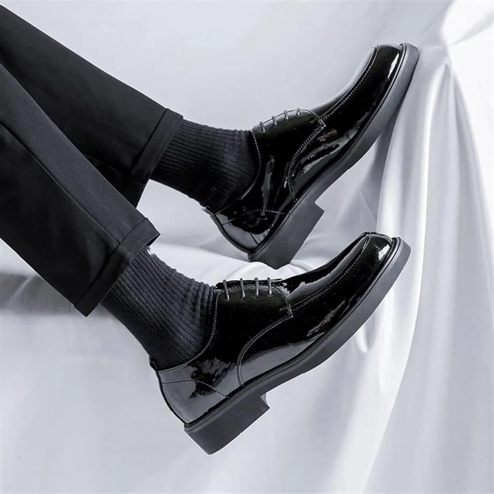 Dress Oxford for Men Lace Up Apron Toe Round Toe Shiny Derby Shoes Vegan Leather Block Heel Low Top Anti-Slip Rubber Sole Party