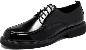 Dress Oxford for Men Lace Up Apron Toe Round Toe Shiny Derby Shoes Vegan Leather Block Heel Low Top Anti-Slip Rubber Sole Party