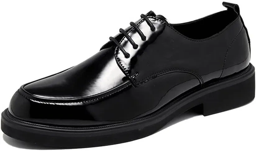 Dress Oxford for Men Lace Up Apron Toe Round Toe Shiny Derby Shoes Vegan Leather Block Heel Low Top Anti-Slip Rubber Sole Party