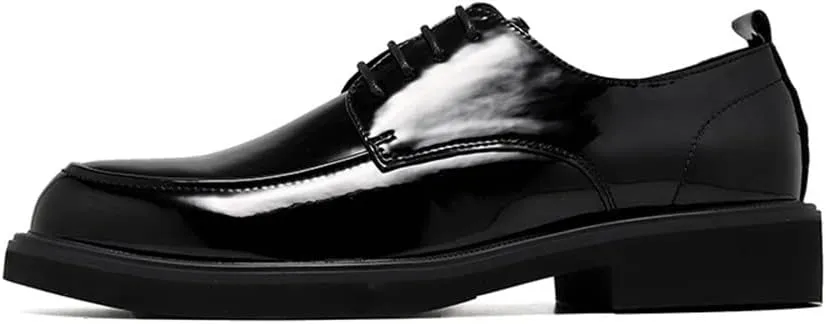Dress Oxford for Men Lace Up Apron Toe Round Toe Shiny Derby Shoes Vegan Leather Block Heel Low Top Anti-Slip Rubber Sole Party