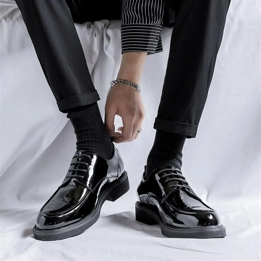 Dress Oxford for Men Lace Up Apron Toe Round Toe Shiny Derby Shoes Vegan Leather Block Heel Low Top Anti-Slip Rubber Sole Party