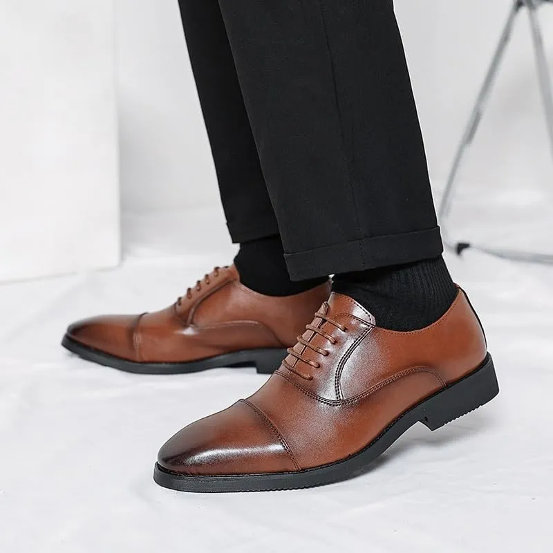 Dress Oxford for Men Lace Up Pointed Burnished Toe Vegan Leather Cap Toe Oxford Shoes Low Top Anti-Slip Rubber Sole Block Heel Non Slip Wedding