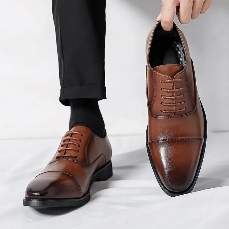 Dress Oxford for Men Lace Up Pointed Burnished Toe Vegan Leather Cap Toe Oxford Shoes Low Top Anti-Slip Rubber Sole Block Heel Non Slip Wedding