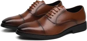 Dress Oxford for Men Lace Up Pointed Burnished Toe Vegan Leather Cap Toe Oxford Shoes Low Top Anti-Slip Rubber Sole Block Heel Non Slip Wedding