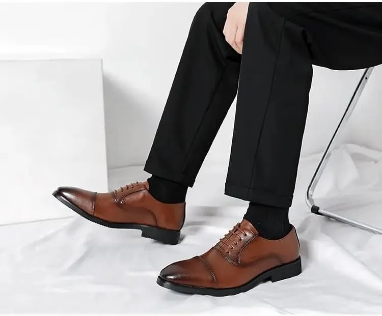 Dress Oxford for Men Lace Up Pointed Burnished Toe Vegan Leather Cap Toe Oxford Shoes Low Top Anti-Slip Rubber Sole Block Heel Non Slip Wedding